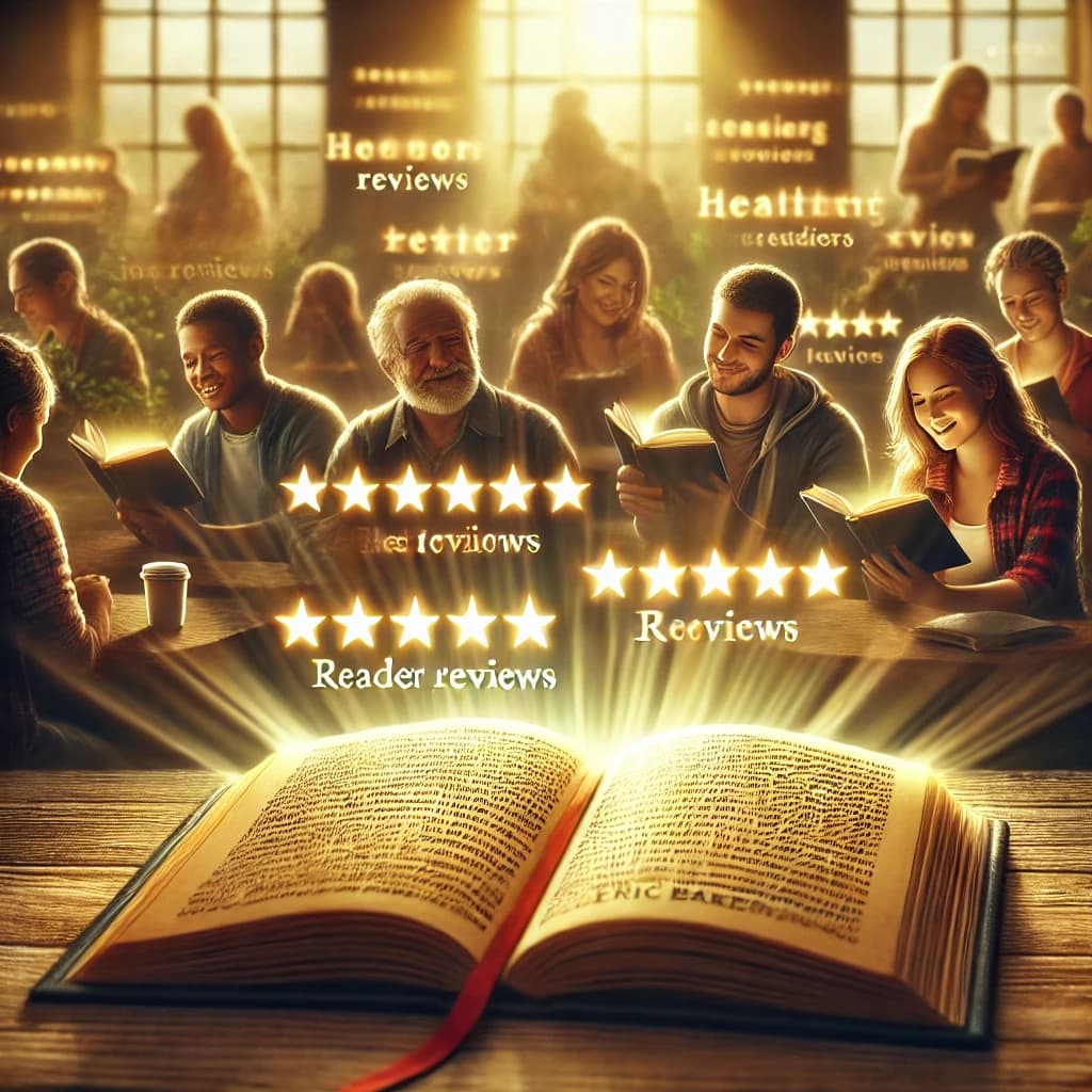 Readers holding books with glowing reviews around an open book