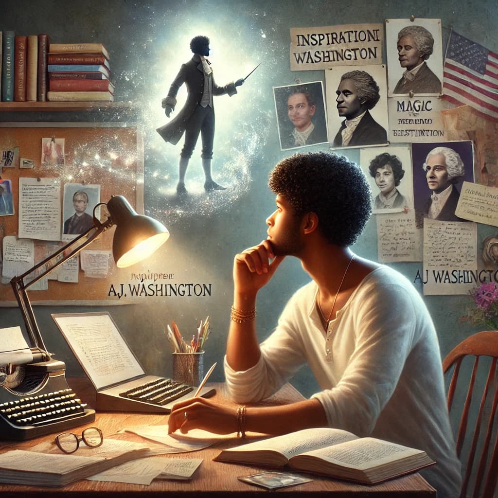AJ Washington writing at his desk, imagining a magical figure