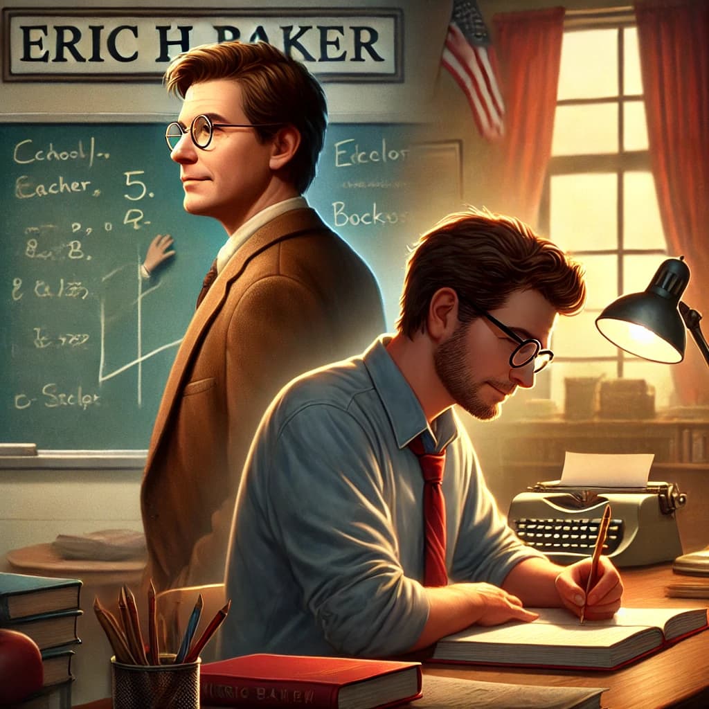 Eric H. Baker depicted as a teacher and writer in a warm classroom